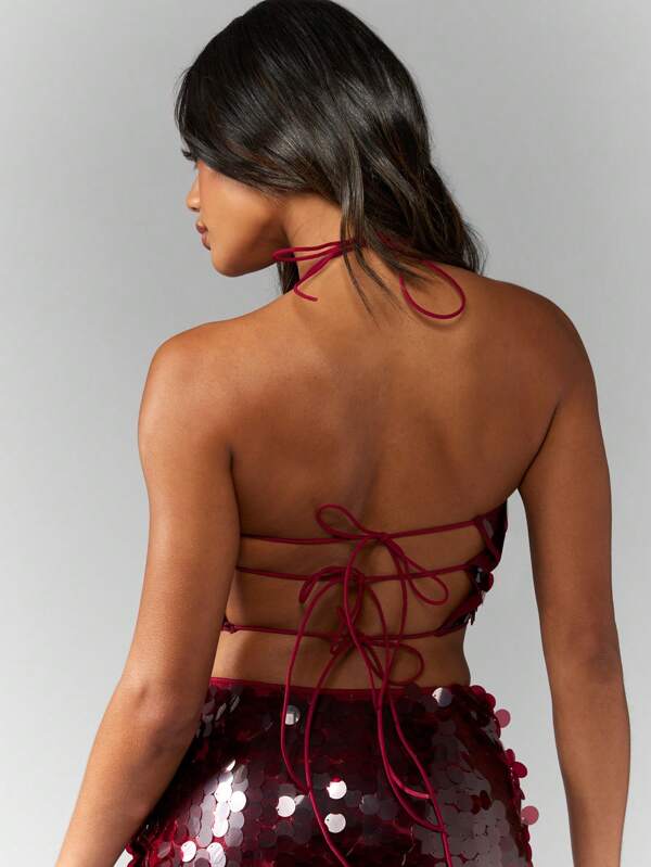Missguided MISSGUIDED Backless Halter Neck Sequin Crop Top