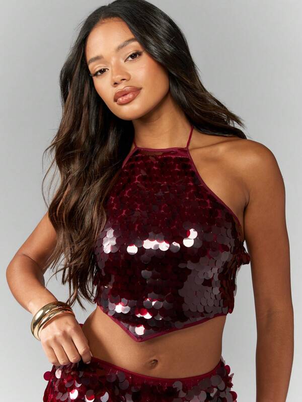 missguided MISSGUIDED Backless Halter Neck Sequin Crop Top