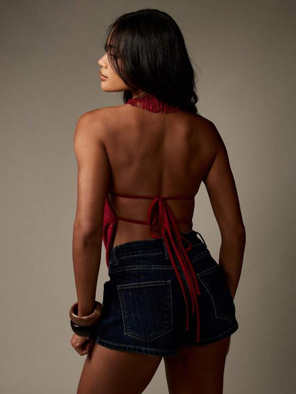 Missguided MISSGUIDED Backless Knitted Cowl Neck Halter Top With Fringe Detail