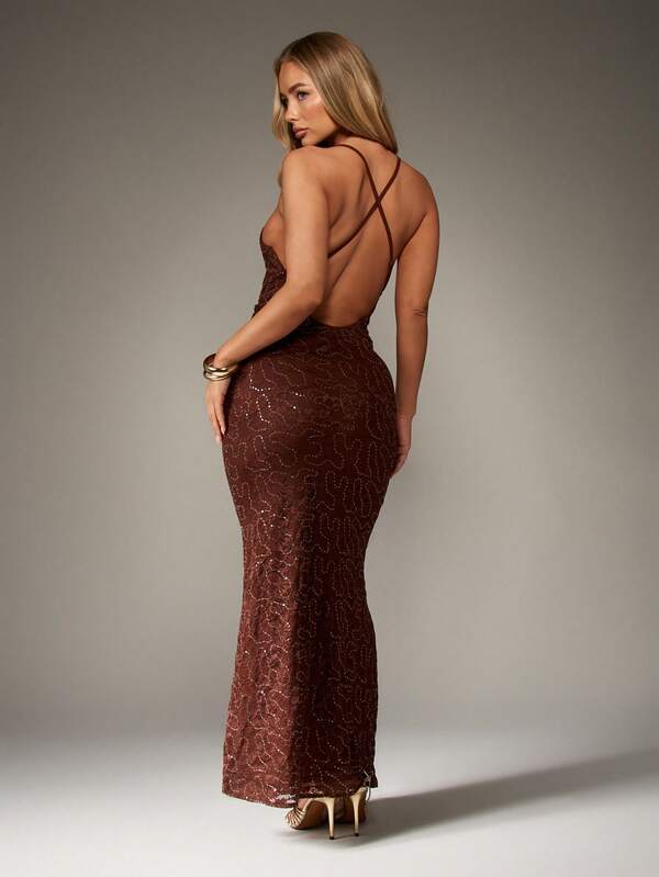 Missguided MISSGUIDED Backless Sequin Lace Maxi Dress With Spaghetti Straps