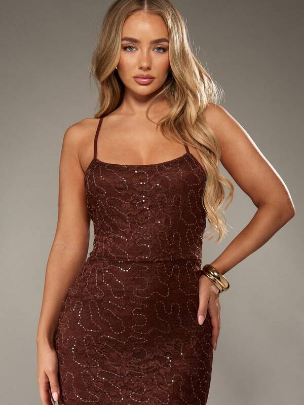 Missguided MISSGUIDED Backless Sequin Lace Maxi Dress With Spaghetti Straps