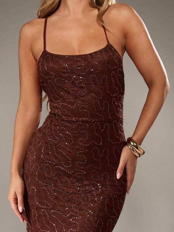 Missguided MISSGUIDED Backless Sequin Lace Maxi Dress With Spaghetti Straps