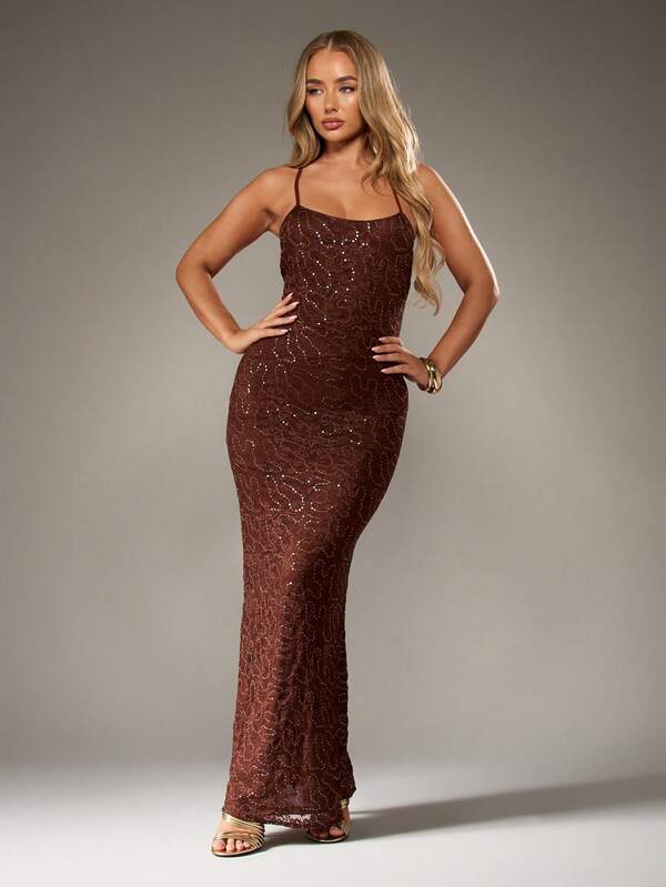missguided MISSGUIDED Backless Sequin Lace Maxi Dress With Spaghetti Straps
