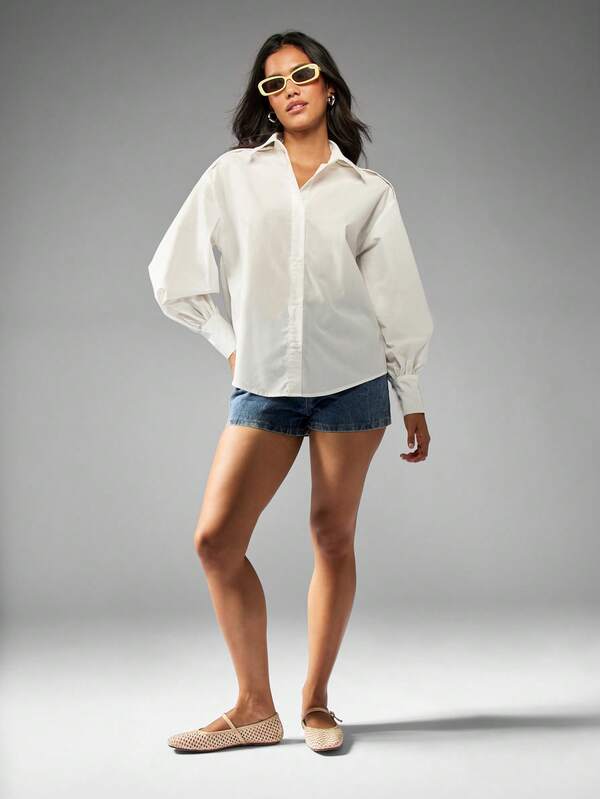 Missguided MISSGUIDED Balloon Sleeve Button Down Shirt With Scallop Back Detail