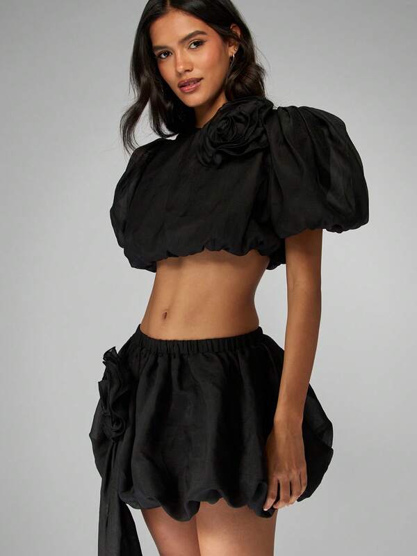 Missguided MISSGUIDED Balloon Sleeve Crop Top With Bubble Hem Mini Skirt