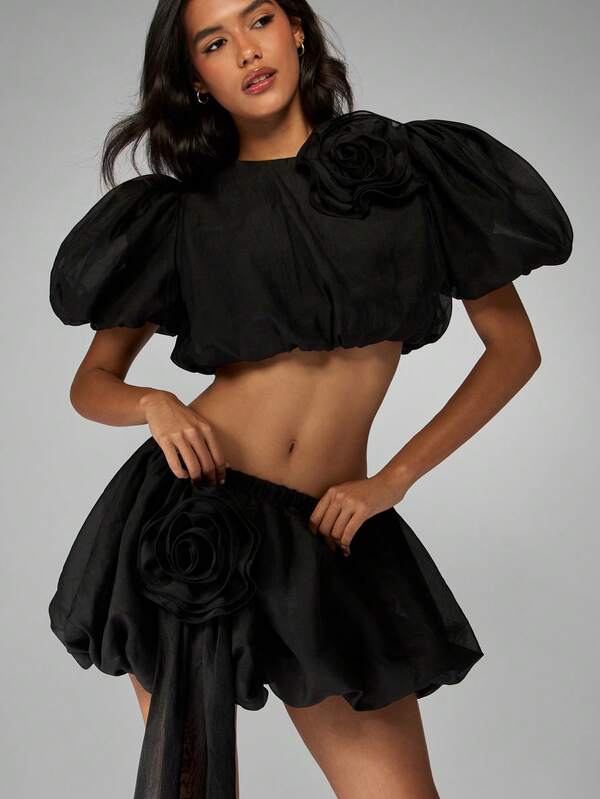 Missguided MISSGUIDED Balloon Sleeve Crop Top With Bubble Hem Mini Skirt