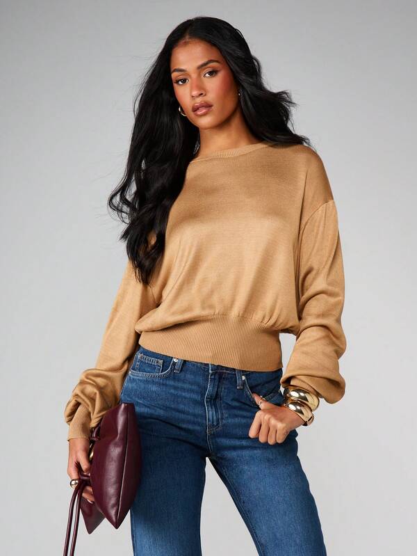 Missguided MISSGUIDED Balloon Sleeve Knit Crew Neck Top