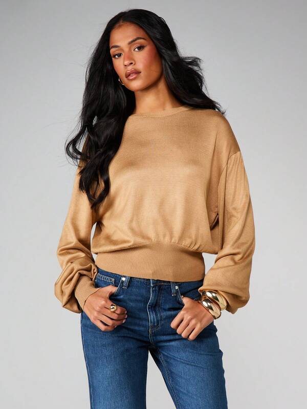 missguided MISSGUIDED Balloon Sleeve Knit Crew Neck Top