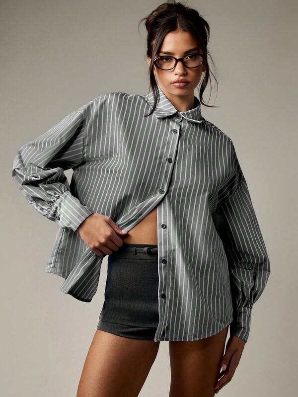 Missguided MISSGUIDED Balloon Sleeve Striped Button Down Shirt With Back Tie Detail