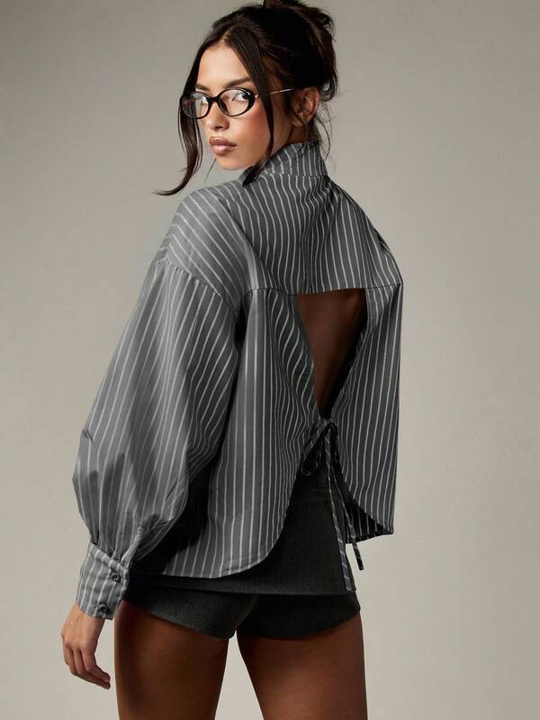 missguided MISSGUIDED Balloon Sleeve Striped Button Down Shirt With Back Tie Detail