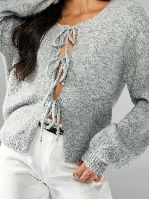 Missguided MISSGUIDED Balloon Sleeve Tie Front Fuzzy Cardigan With Wrap Design