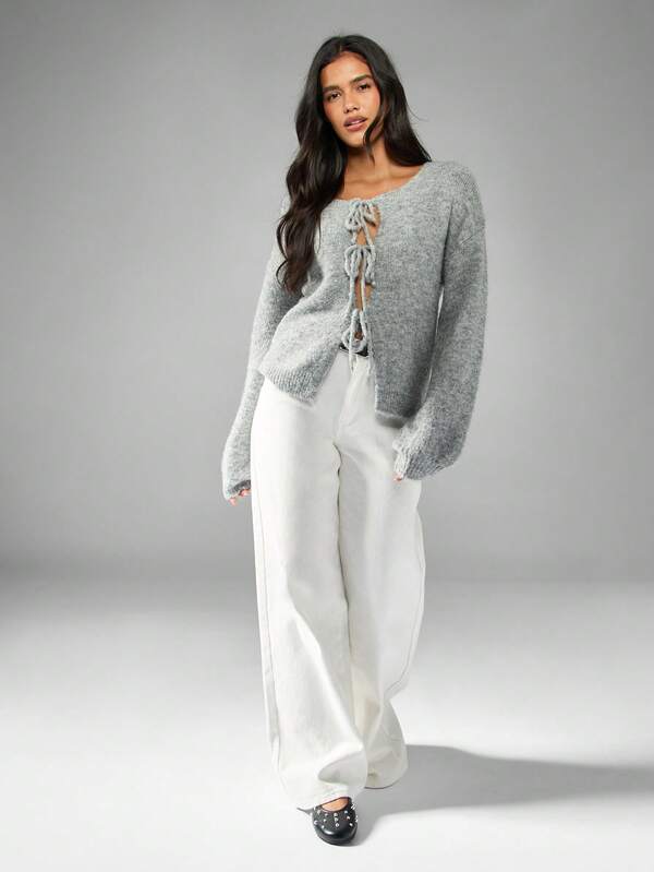 Missguided MISSGUIDED Balloon Sleeve Tie Front Fuzzy Cardigan With Wrap Design
