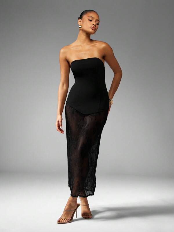 missguided MISSGUIDED Bandeau Corset Maxi Dress With Lace Overlay