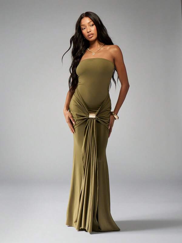 Missguided MISSGUIDED Bandeau Draped Ruched Detail Gold Accent Maxi Dress
