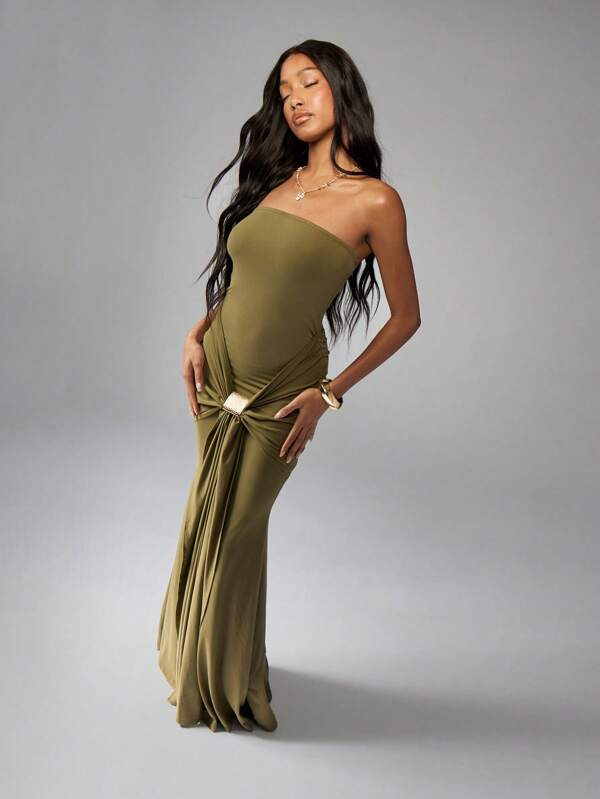 missguided MISSGUIDED Bandeau Draped Ruched Detail Gold Accent Maxi Dress