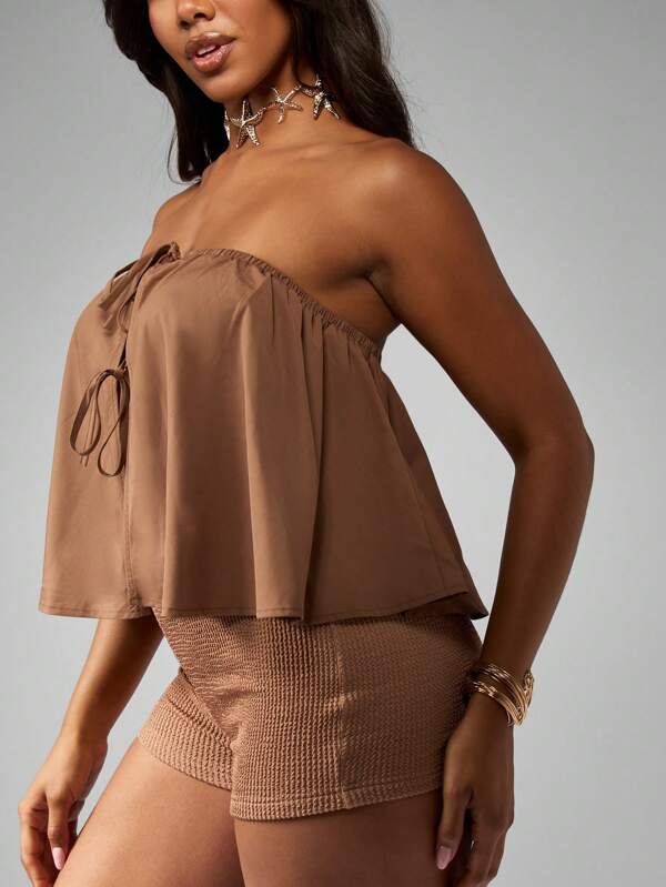 Missguided MISSGUIDED Bandeau Flowy Top With Gathered Neckline And Tie Front
