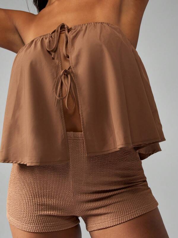 Missguided MISSGUIDED Bandeau Flowy Top With Gathered Neckline And Tie Front