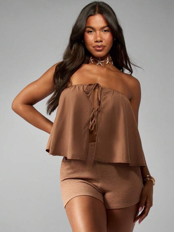 missguided MISSGUIDED Bandeau Flowy Top With Gathered Neckline And Tie Front