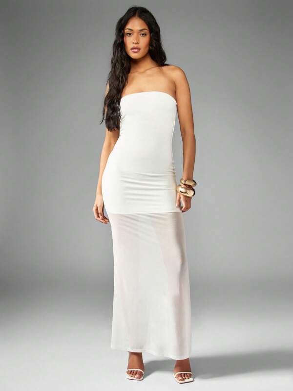missguided MISSGUIDED Bandeau Maxi Dress With Mesh Hem