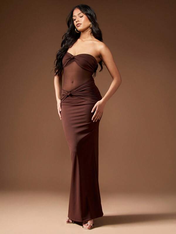 missguided MISSGUIDED Bandeau Mesh Knot Detail Twist Front Floor Length Ruched Maxi Dress
