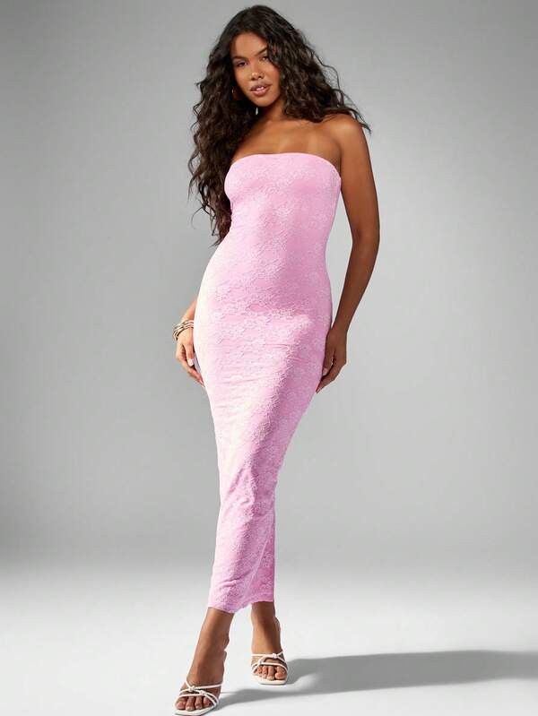Missguided MISSGUIDED Bandeau Strapless Form-Fitting Lace Pattern Maxi Dress
