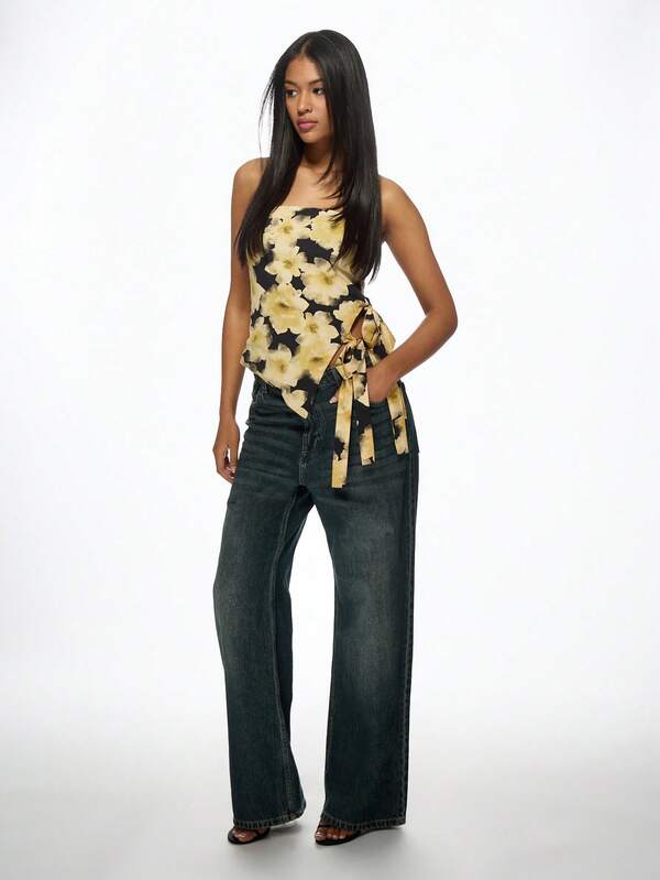 Missguided MISSGUIDED Bandeau Strapless Top Floral Tropical Print Side Tie Wrap