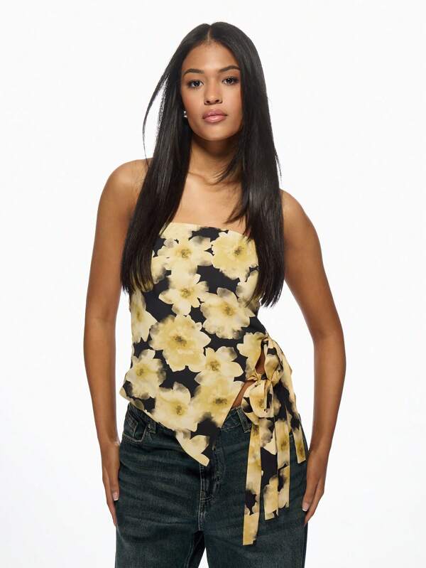 missguided MISSGUIDED Bandeau Strapless Top Floral Tropical Print Side Tie Wrap