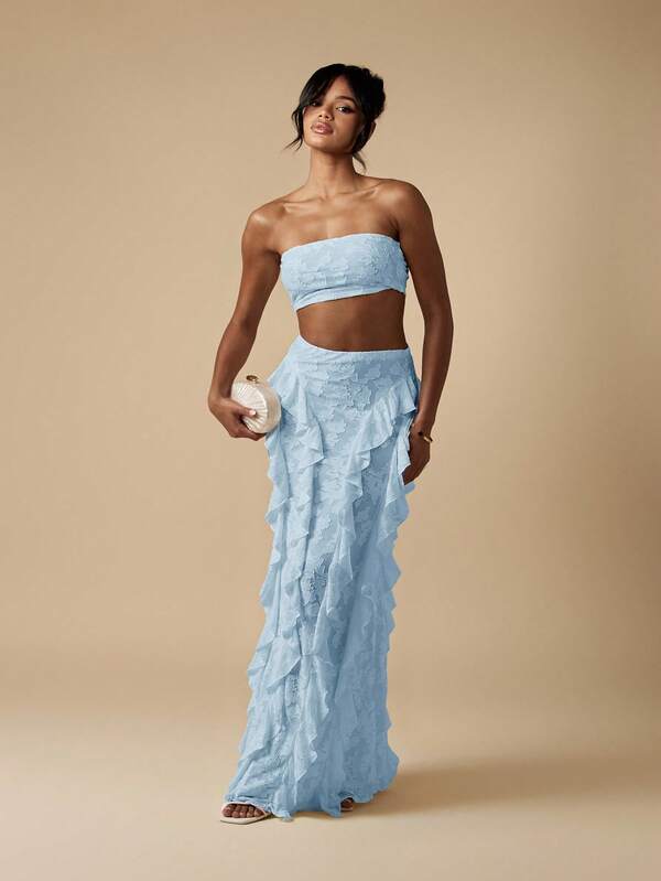 Missguided MISSGUIDED Bandeau Top And Ruffle Maxi Skirt Co Ord Set