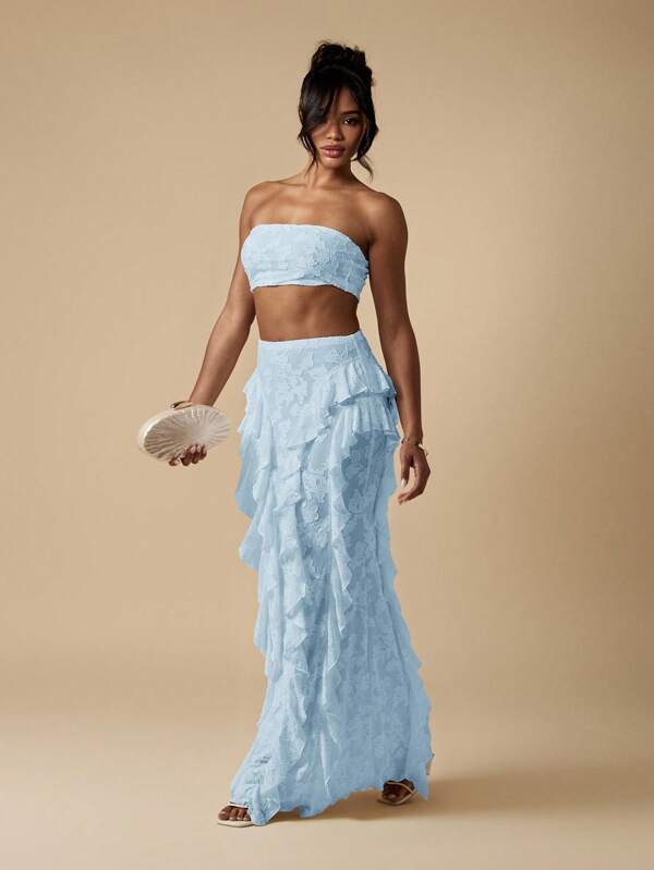 missguided MISSGUIDED Bandeau Top And Ruffle Maxi Skirt Co Ord Set