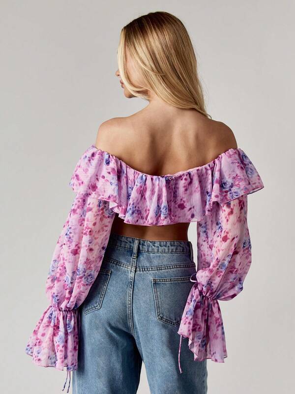 Missguided MISSGUIDED Bardot Corset Top With Ruffled Sleeves And Lace Up Front
