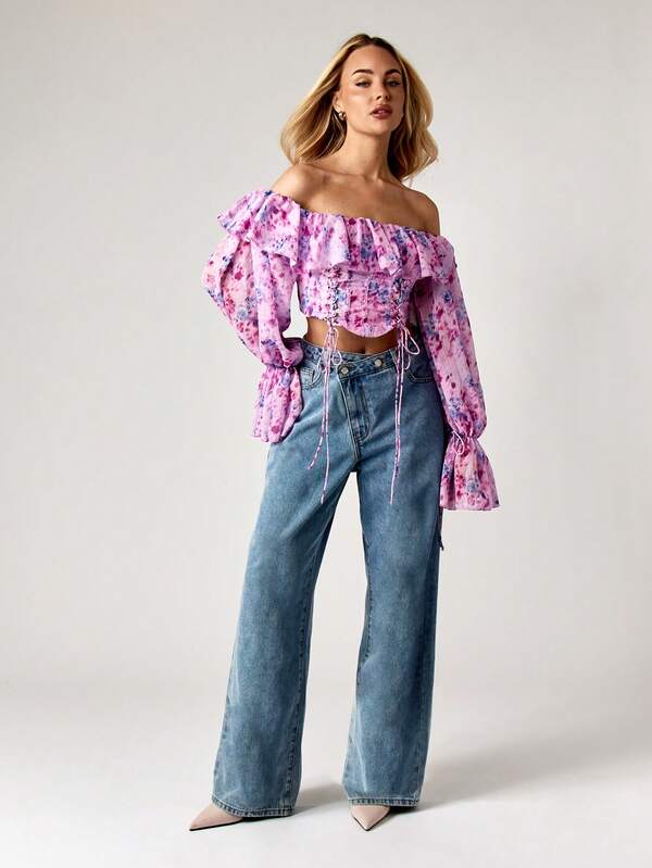Missguided MISSGUIDED Bardot Corset Top With Ruffled Sleeves And Lace Up Front