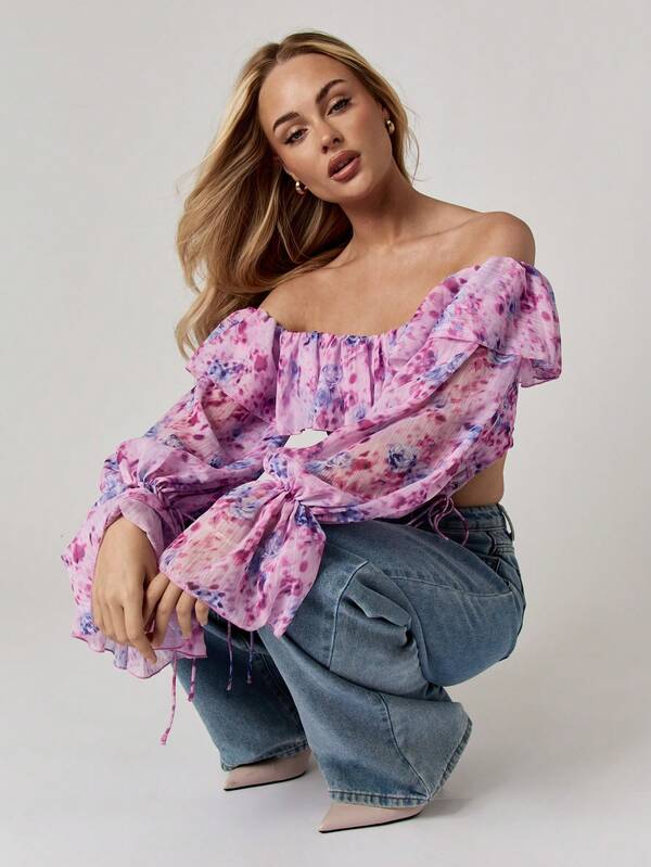 Missguided MISSGUIDED Bardot Corset Top With Ruffled Sleeves And Lace Up Front
