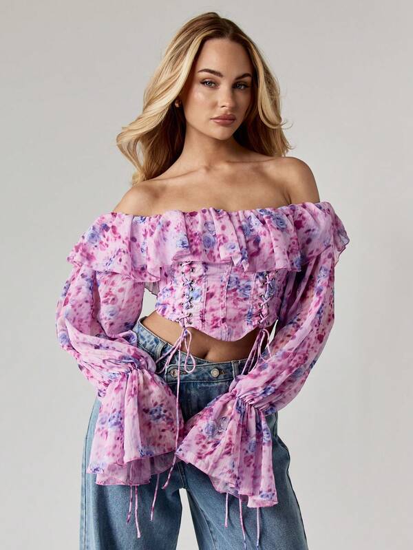 missguided MISSGUIDED Bardot Corset Top With Ruffled Sleeves And Lace Up Front