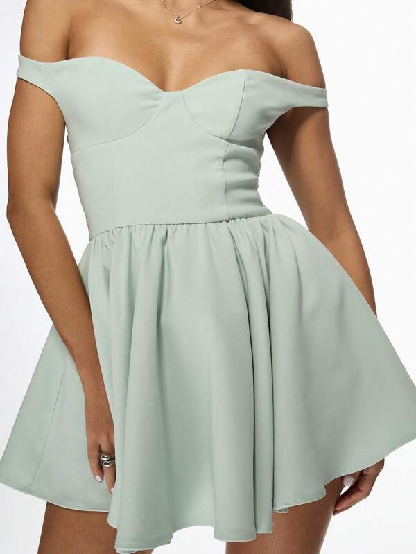 Missguided MISSGUIDED Bardot Off Shoulder Cupped Skater Mini Dress Features Sweetheart Neckline