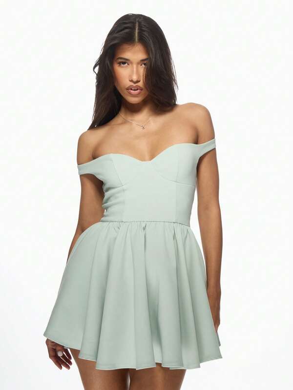 missguided MISSGUIDED Bardot Off Shoulder Cupped Skater Mini Dress Features Sweetheart Neckline
