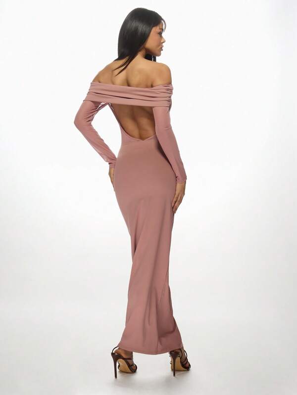 Missguided MISSGUIDED Bardot Off Shoulder Long Sleeve Bodycon Mesh Cutout Maxi Dress