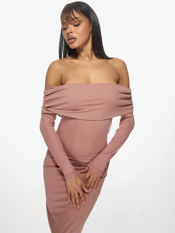 Missguided MISSGUIDED Bardot Off Shoulder Long Sleeve Bodycon Mesh Cutout Maxi Dress