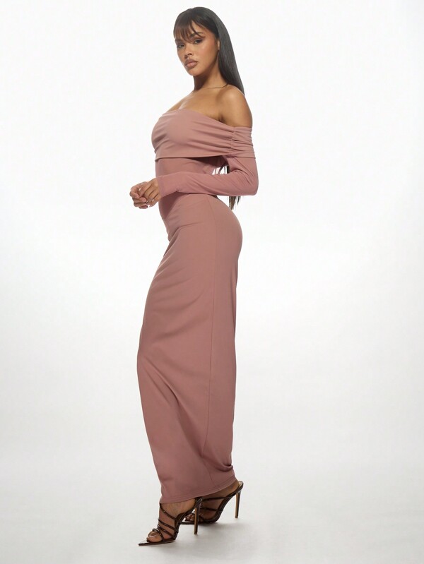Missguided MISSGUIDED Bardot Off Shoulder Long Sleeve Bodycon Mesh Cutout Maxi Dress