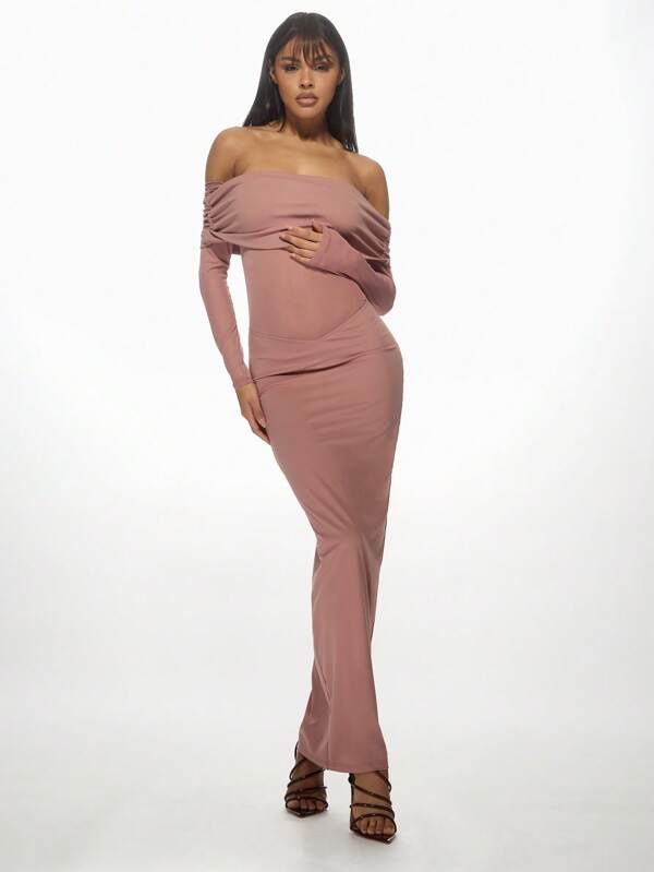 missguided MISSGUIDED Bardot Off Shoulder Long Sleeve Bodycon Mesh Cutout Maxi Dress