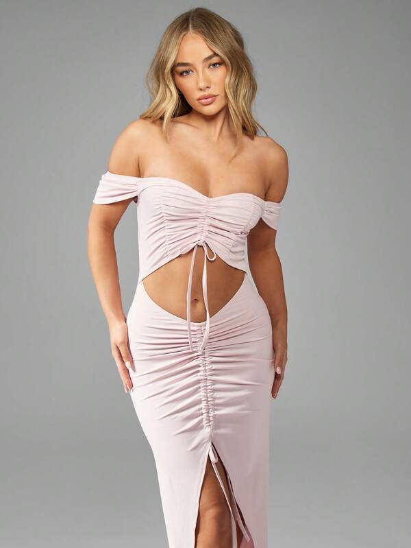 Missguided MISSGUIDED Bardot Off Shoulder Ruched Midaxi Dress With Side Slit Cut Out Detail