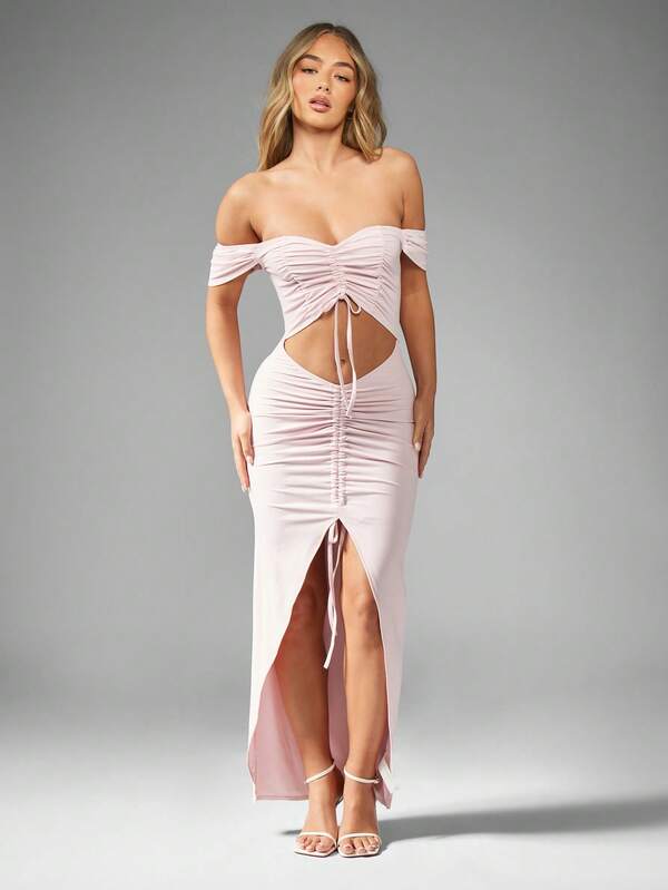 Missguided MISSGUIDED Bardot Off Shoulder Ruched Midaxi Dress With Side Slit Cut Out Detail