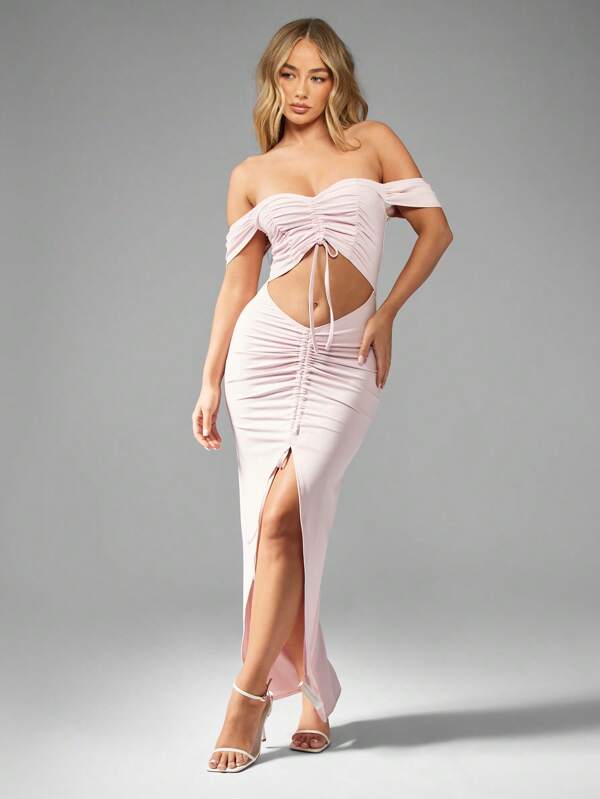 missguided MISSGUIDED Bardot Off Shoulder Ruched Midaxi Dress With Side Slit Cut Out Detail