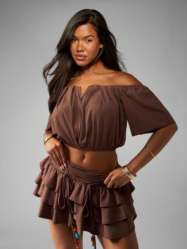 Missguided MISSGUIDED Bardot Off Shoulder Ruched Peasant Crop Top