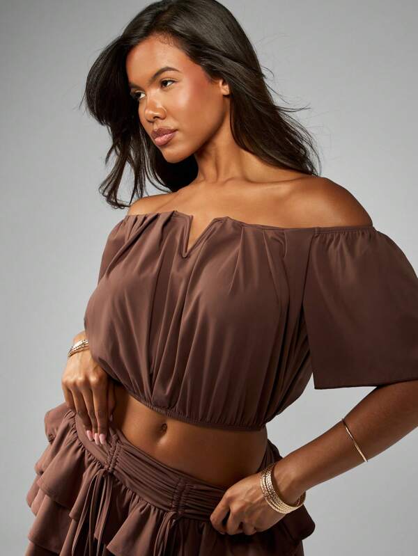 missguided MISSGUIDED Bardot Off Shoulder Ruched Peasant Crop Top