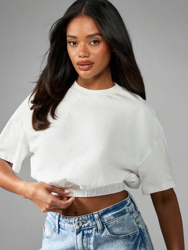 Missguided MISSGUIDED Basic Cotton Jersey Short Sleeve Elasticated Hem Crop T-Shirt