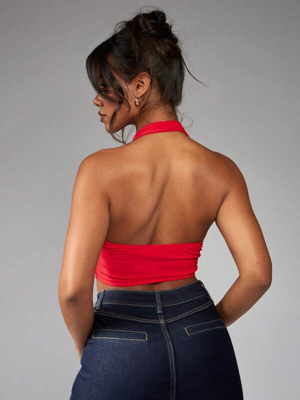 Missguided MISSGUIDED Basic Halter Neck Sleeveless Crop Tank Top