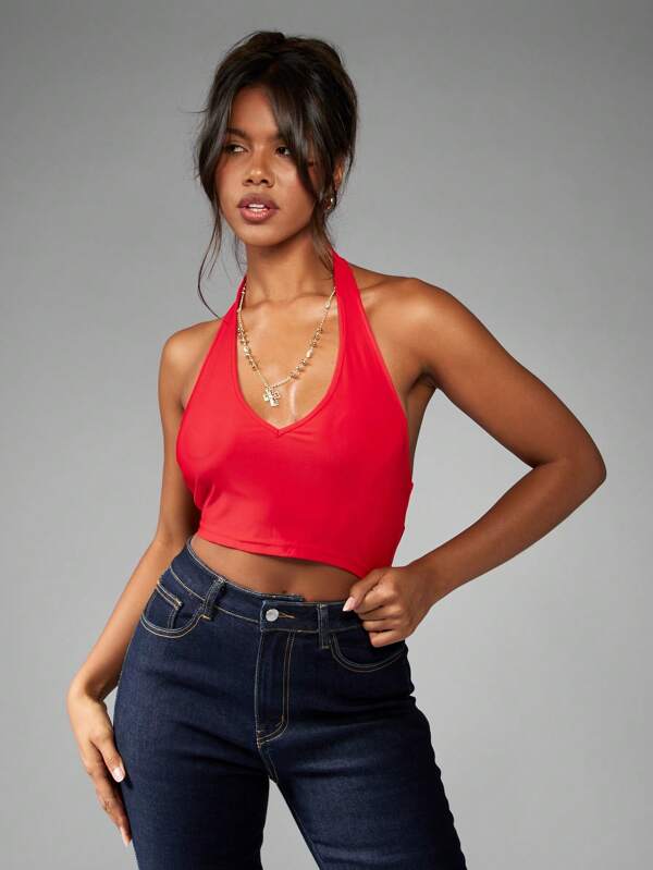 missguided MISSGUIDED Basic Halter Neck Sleeveless Crop Tank Top