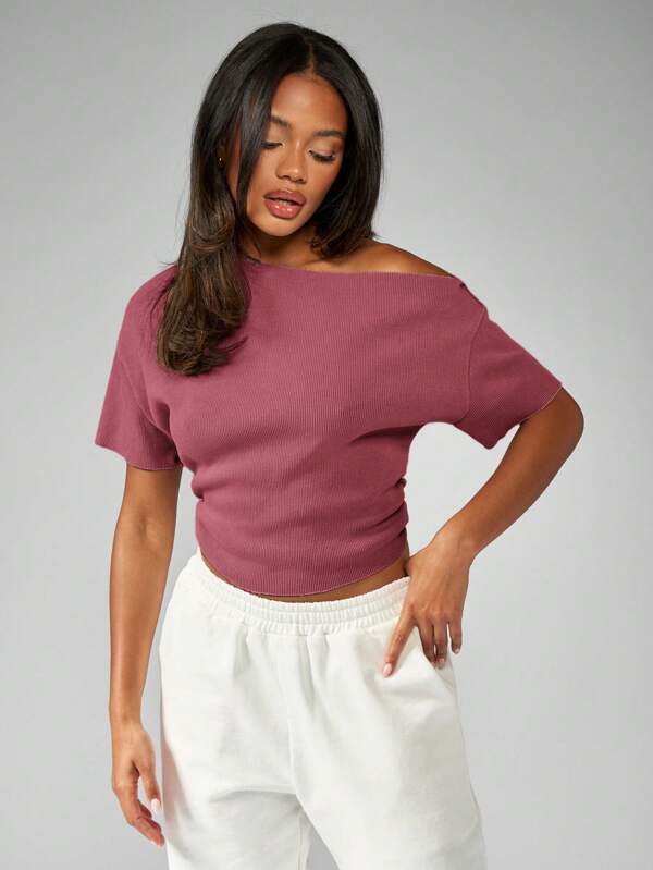 missguided MISSGUIDED Basic Off Shoulder Ribbed Short Sleeve T Shirt