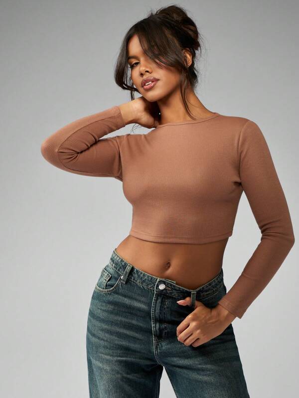 missguided MISSGUIDED Basic Ribbed Long Sleeve Crop T-Shirt