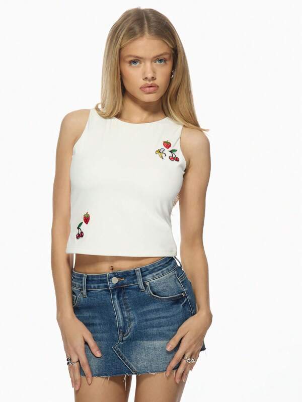 missguided MISSGUIDED Basic Sleeveless Crop Tank Top Features Fruit Badge Design